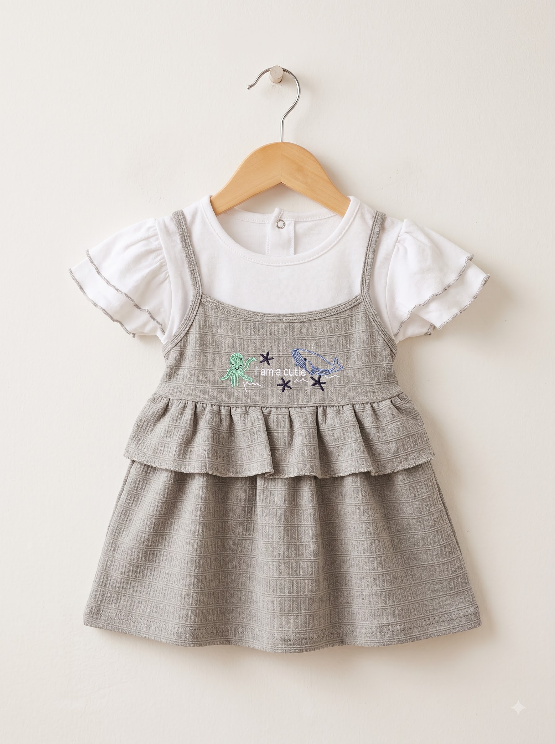 Girls Textured Pinafore Dress with White Ruffle Sleeve T-Shirt - Image 2
