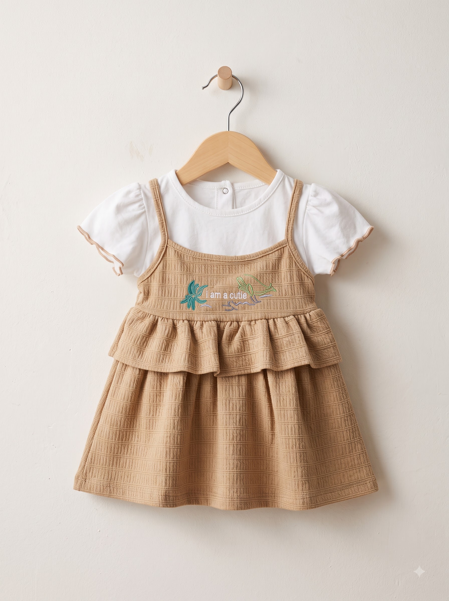 Girls Textured Pinafore Dress with White Ruffle Sleeve T-Shirt - Image 6