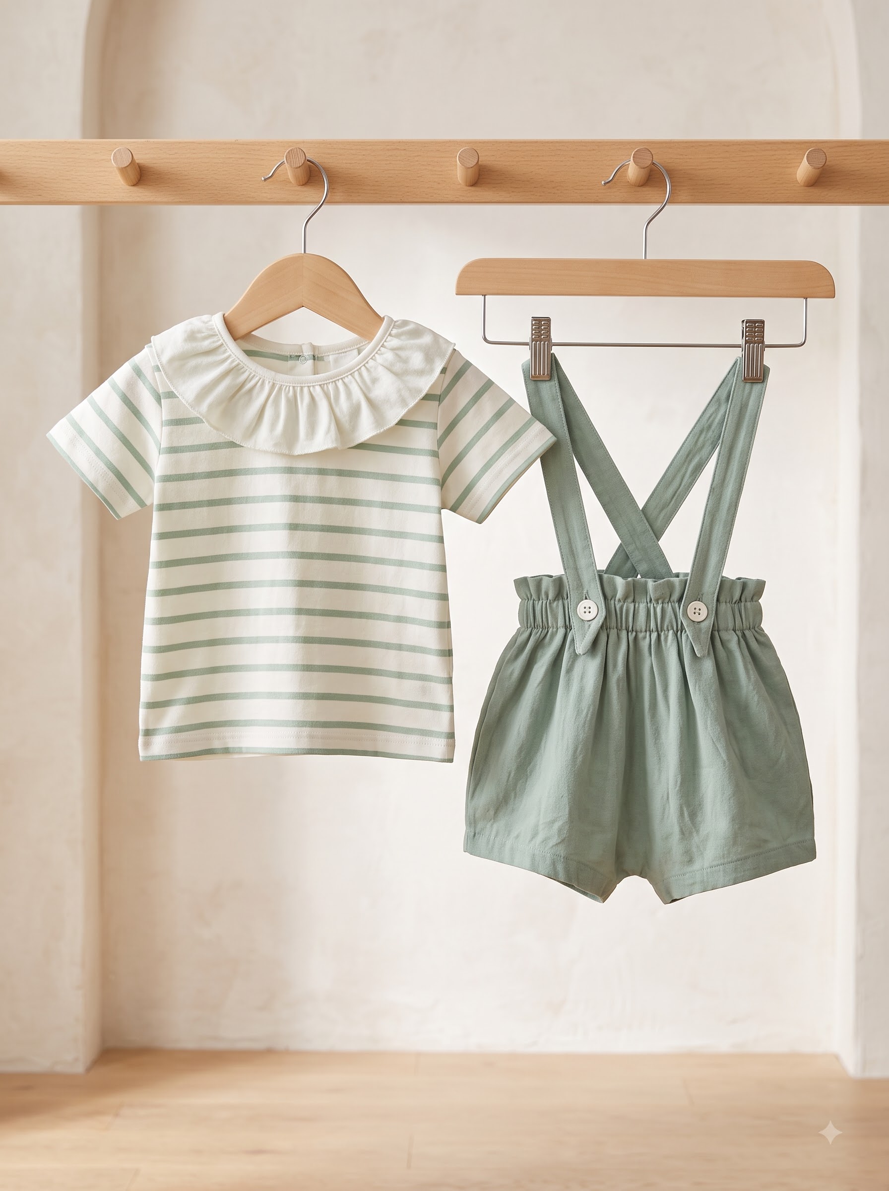Baby Girls Sage Green Suspender Shorts Set with Striped Ruffle Collar T-Shirt - Image 3