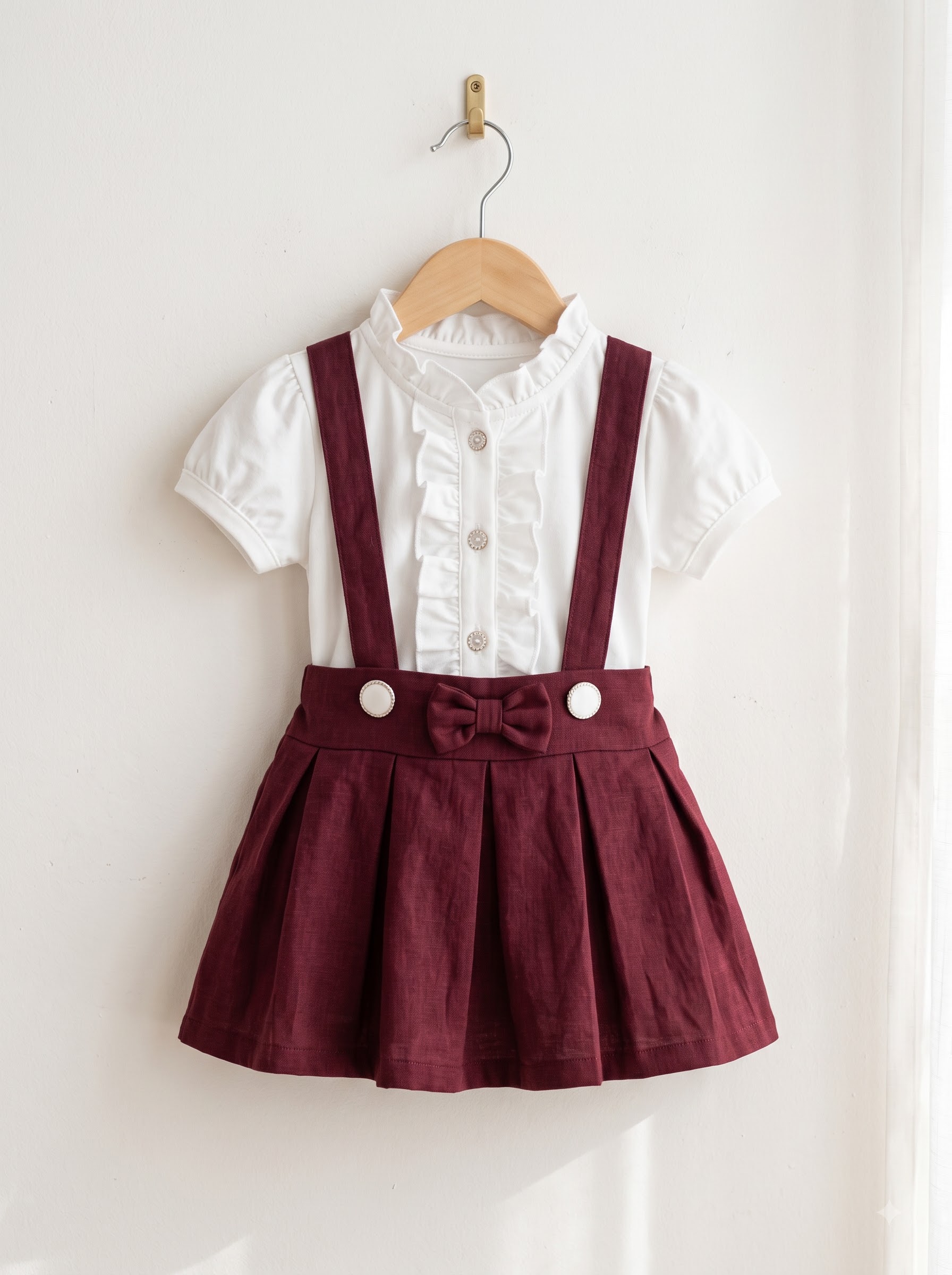 Girls Burgundy Suspender Skirt Set with White Ruffle Button Shirt - Image 2