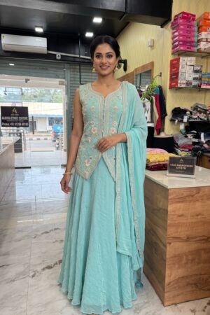 Women’s Aqua Blue Floral Embroidered Dress with Dupatta