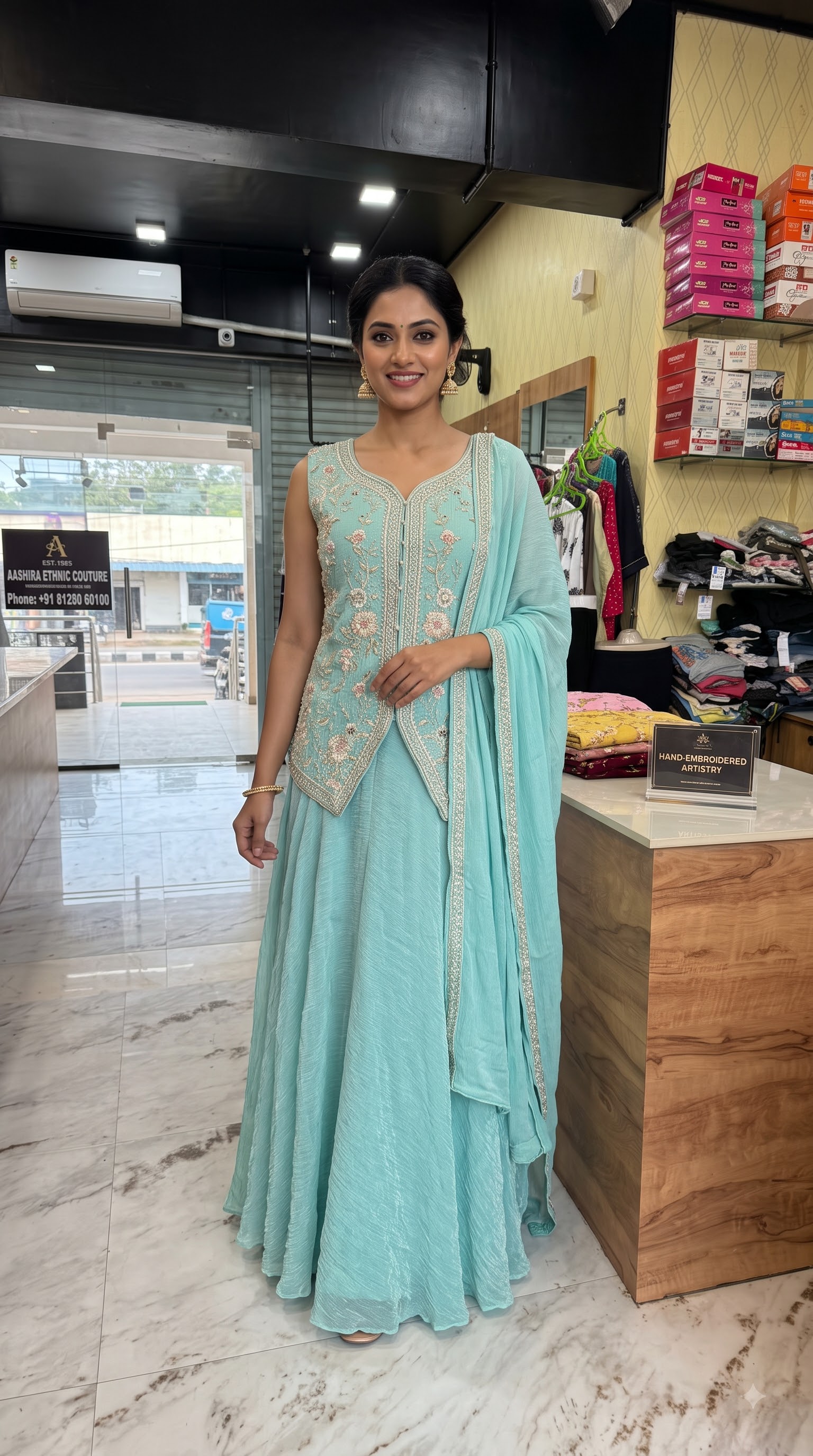 Women’s Aqua Blue Floral Embroidered Dress with Dupatta