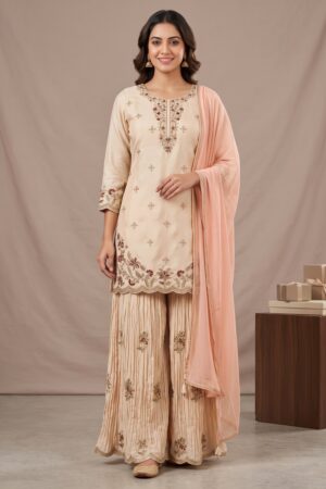 Women’s Peach Embroidered Kurta Pant Set with Dupatta