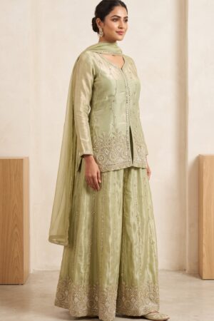 Women’s Sage Green Embroidered Kurta Sharara Set with Dupatta