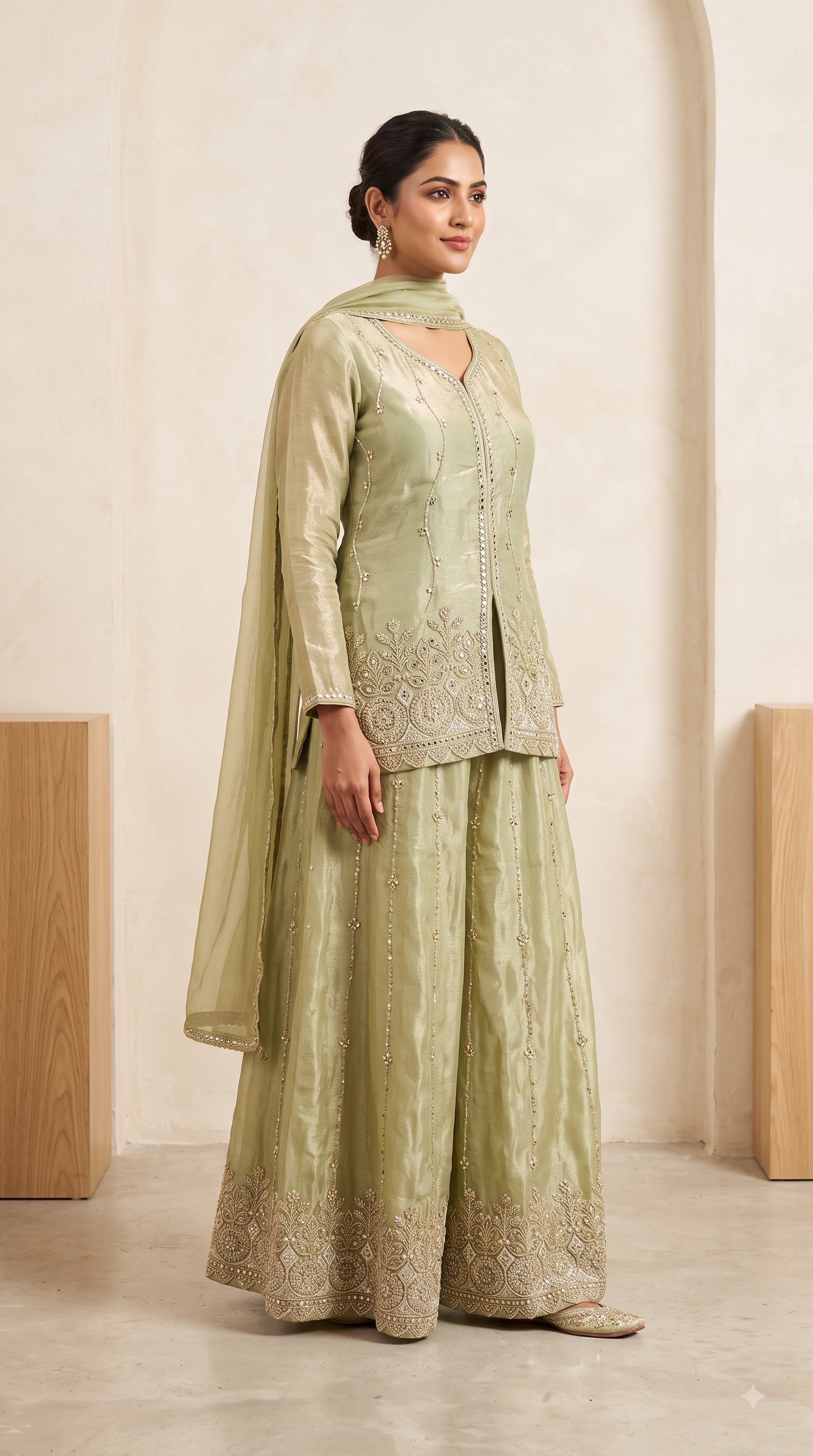 Women’s Sage Green Embroidered Kurta Sharara Set with Dupatta
