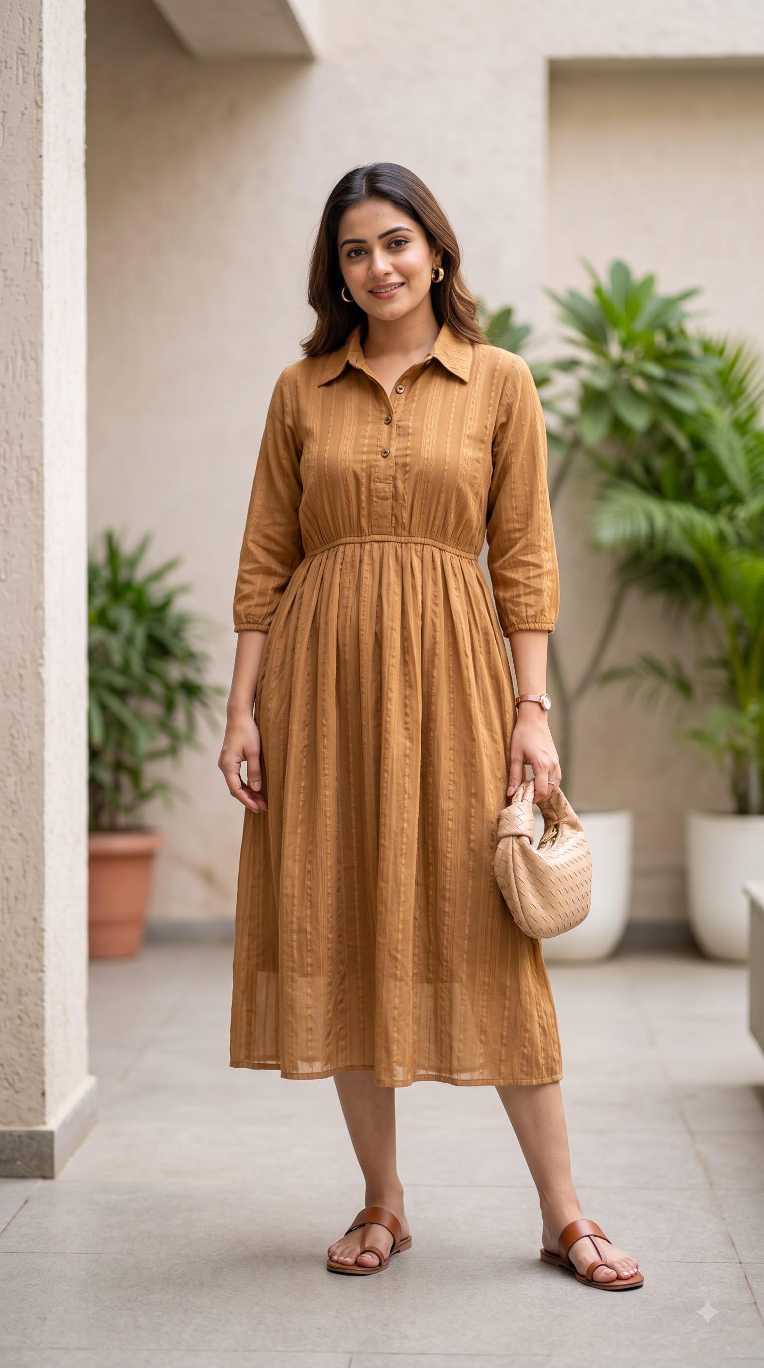 Women’s Dusty Rose Midi Dress with Collared Neckline, Button Front & Gathered Waist - Image 3