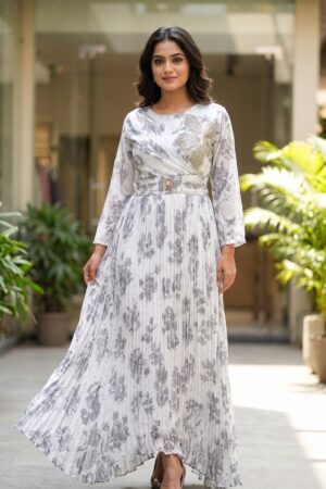 Women’s White Floral Maxi Dress with Wrap-Style Bodice, Embellished Waist & Long Sleeves