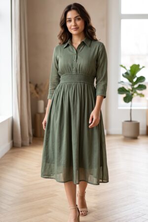 Women’s Dusty Rose Midi Dress with Collared Neckline, Button Front & Gathered Waist