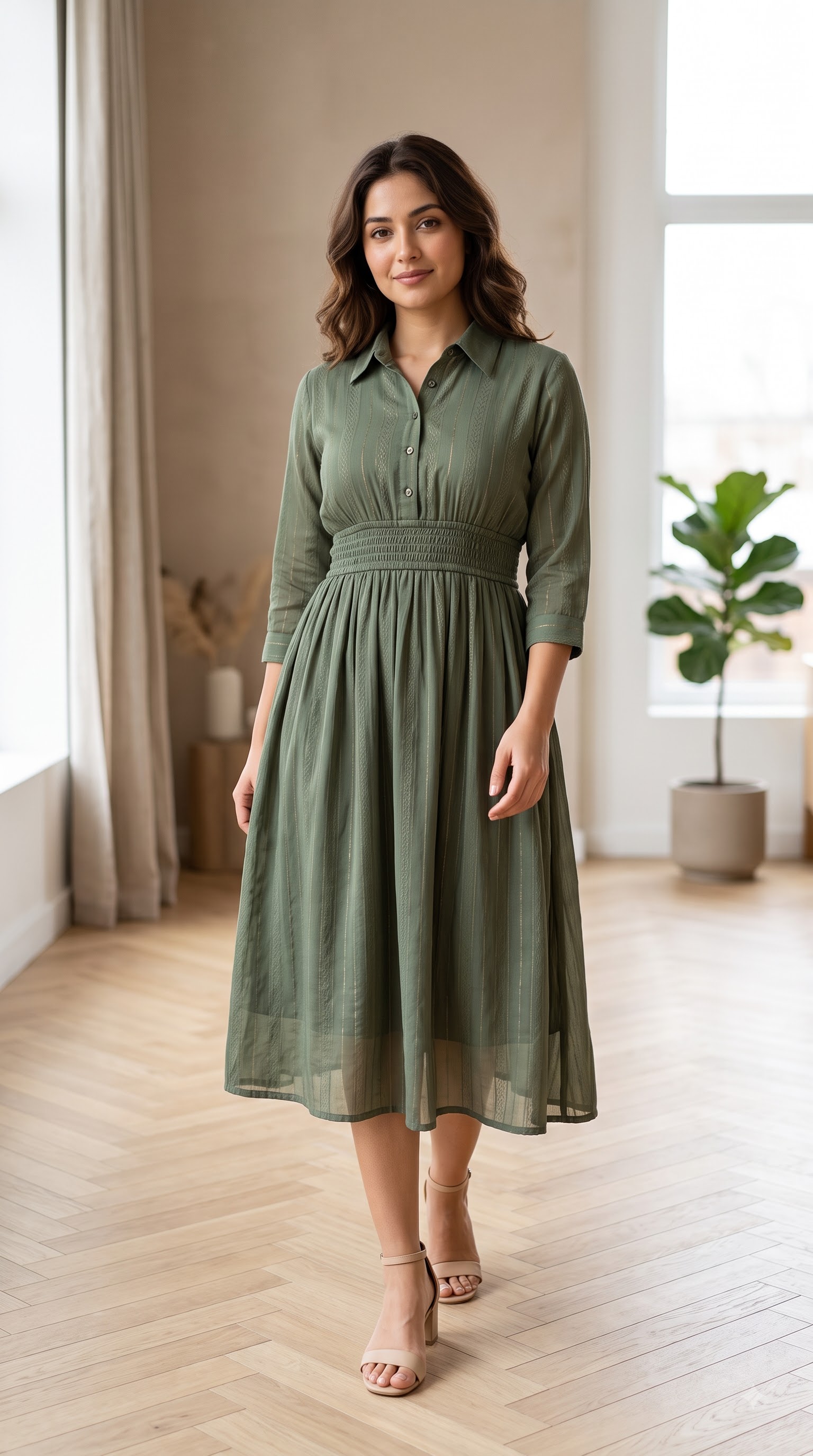 Women’s Dusty Rose Midi Dress with Collared Neckline, Button Front & Gathered Waist