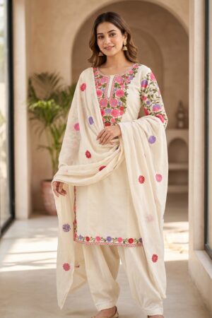 Women’s Cream Floral Embroidered Kurta Set with Dupatta