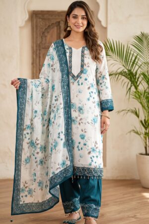 Women’s Pakistani White Floral Printed Kurta Set with Teal Blue Dupatta