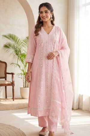 Women’s Baby Pink Embroidered Kurta Set with Matching Dupatta