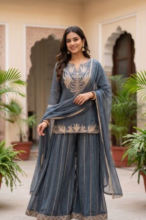 Women’s Slate Blue Embroidered Sharara Suit Set with Dupatta