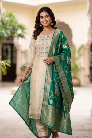 Women’s Cream Straight Kurta Pant Set with Emerald Green Printed Dupatta