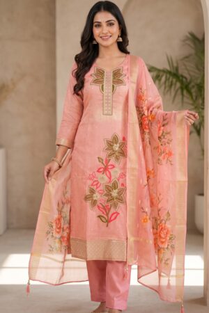 Women’s Peach Floral Embroidered Straight Kurta Pant Set with Printed Dupatta