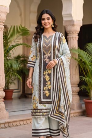 Women’s Pakistani Floral Printed Kurta Pant Set with Navy Blue Dupatta