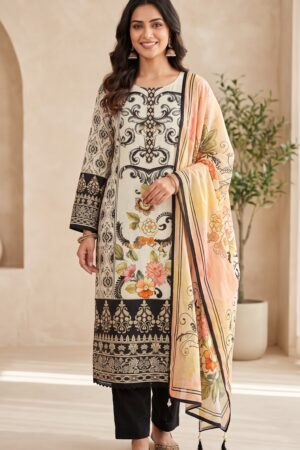 Women’s Pakistani Cream Floral Printed Kurta Pant Set with Peach Yellow Dupatta