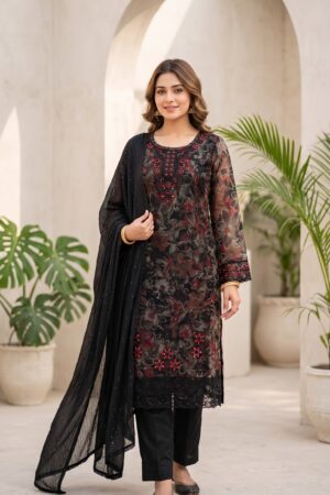 Women’s Cream Black Floral Printed Kurta Pant Set with Multicolor Dupatta