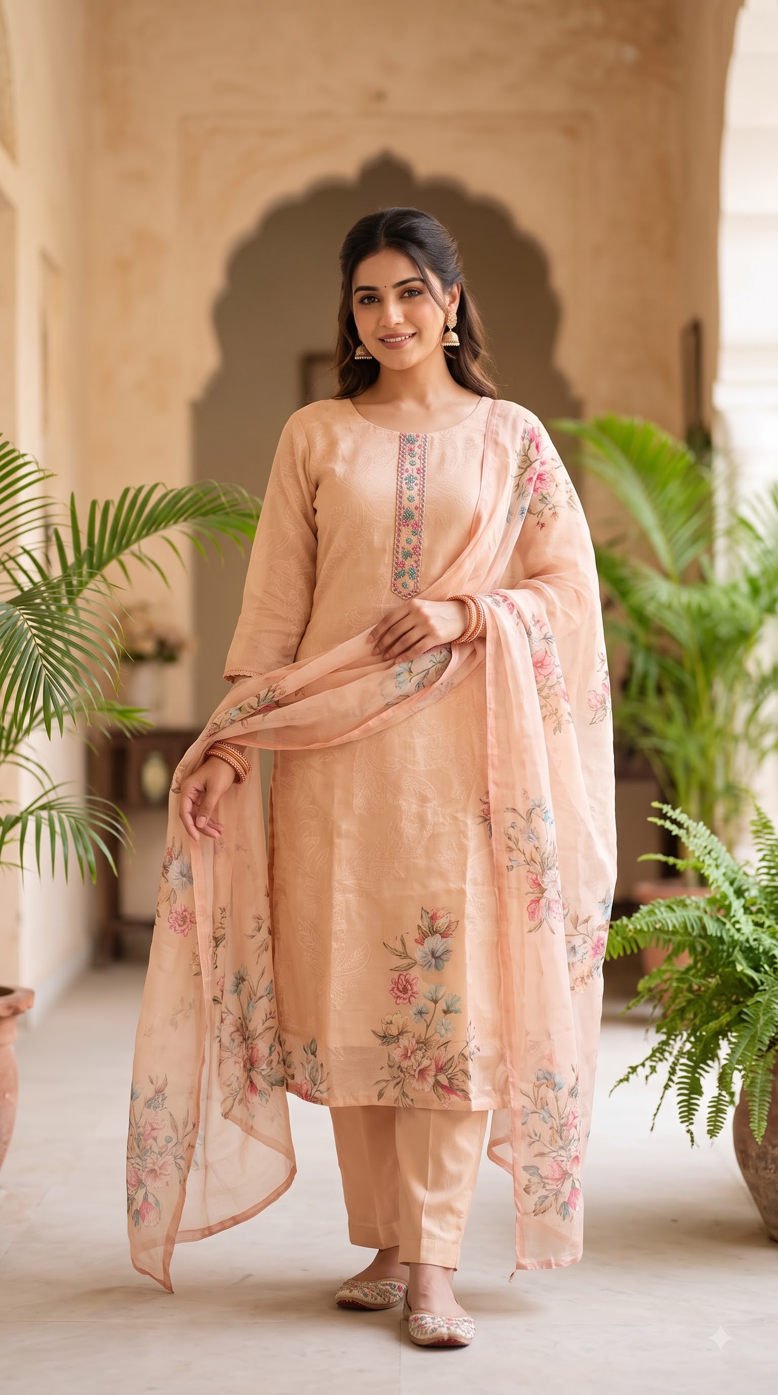 Women’s Pakistani Peach Floral Printed Kurta Pant Set with Dupatta