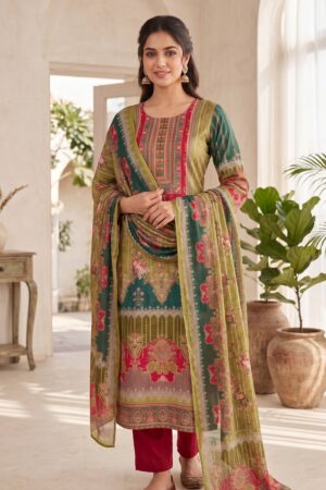 Women’s Pakistani Green and Olive Printed Kurta Set with Red Pants and Matching Dupatta