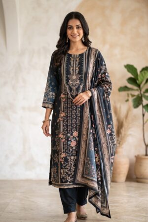 Women’s Pakistani Navy Blue Floral Printed Kurta Set with Matching Pants and Dupatta