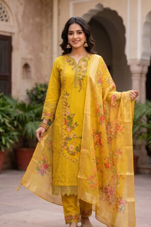 Women’s Mustard Yellow Floral Printed Kurta Set with Matching Pants and Dupatta