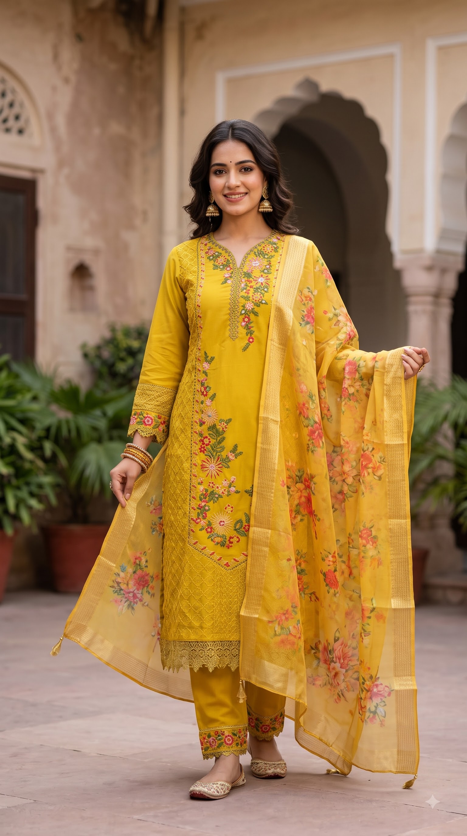 Women’s Mustard Yellow Floral Printed Kurta Set with Matching Pants and Dupatta