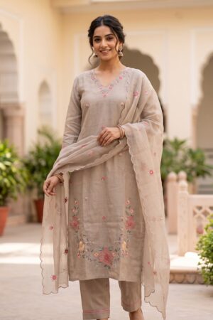 Women’s Beige Embroidered Kurta Set with Matching Pants and Scalloped Dupatta