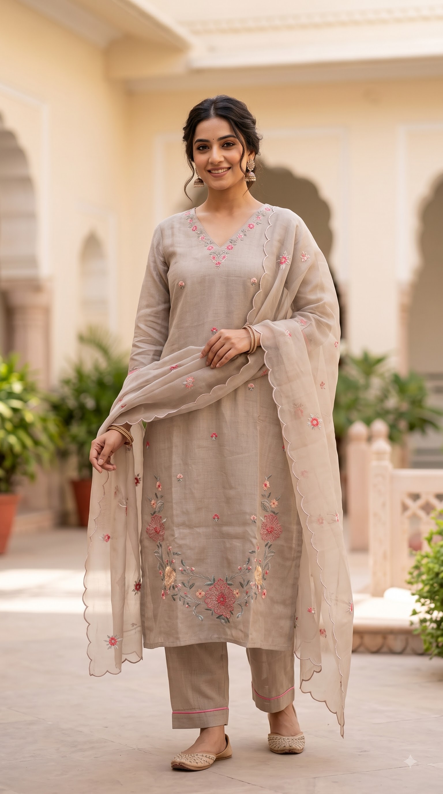Women’s Beige Embroidered Kurta Set with Matching Pants and Scalloped Dupatta