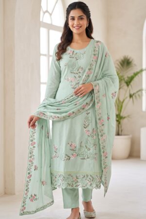 Women’s Pakistani Light Blue spun Floral Printed Kurta Set with Matching Pants and Dupatta