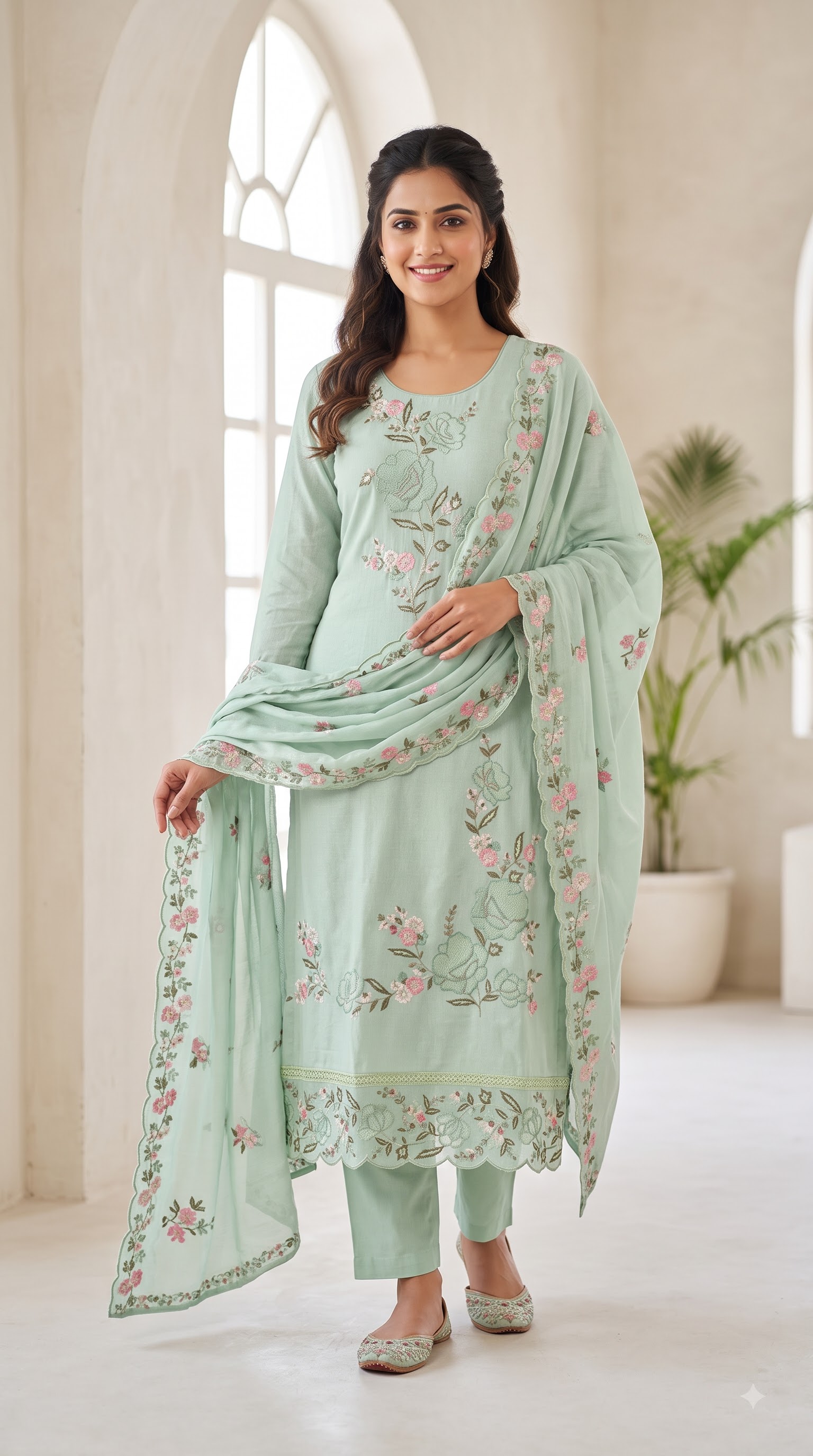 Women’s Pakistani Light Blue spun Floral Printed Kurta Set with Matching Pants and Dupatta