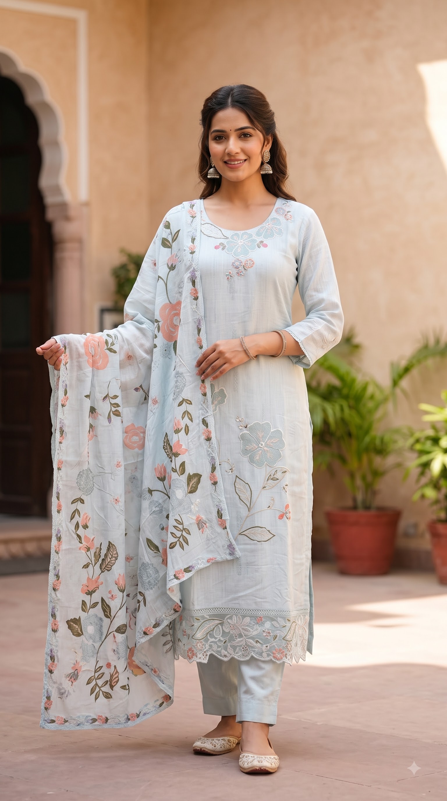 Women’s Pakistani Light Blue spun Floral Printed Kurta Set with Matching Pants and Dupatta - Image 2