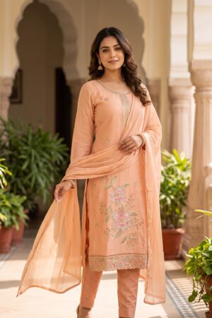 Women’s Peach Embroidered Kurta Set with Matching Pants and Dupatta