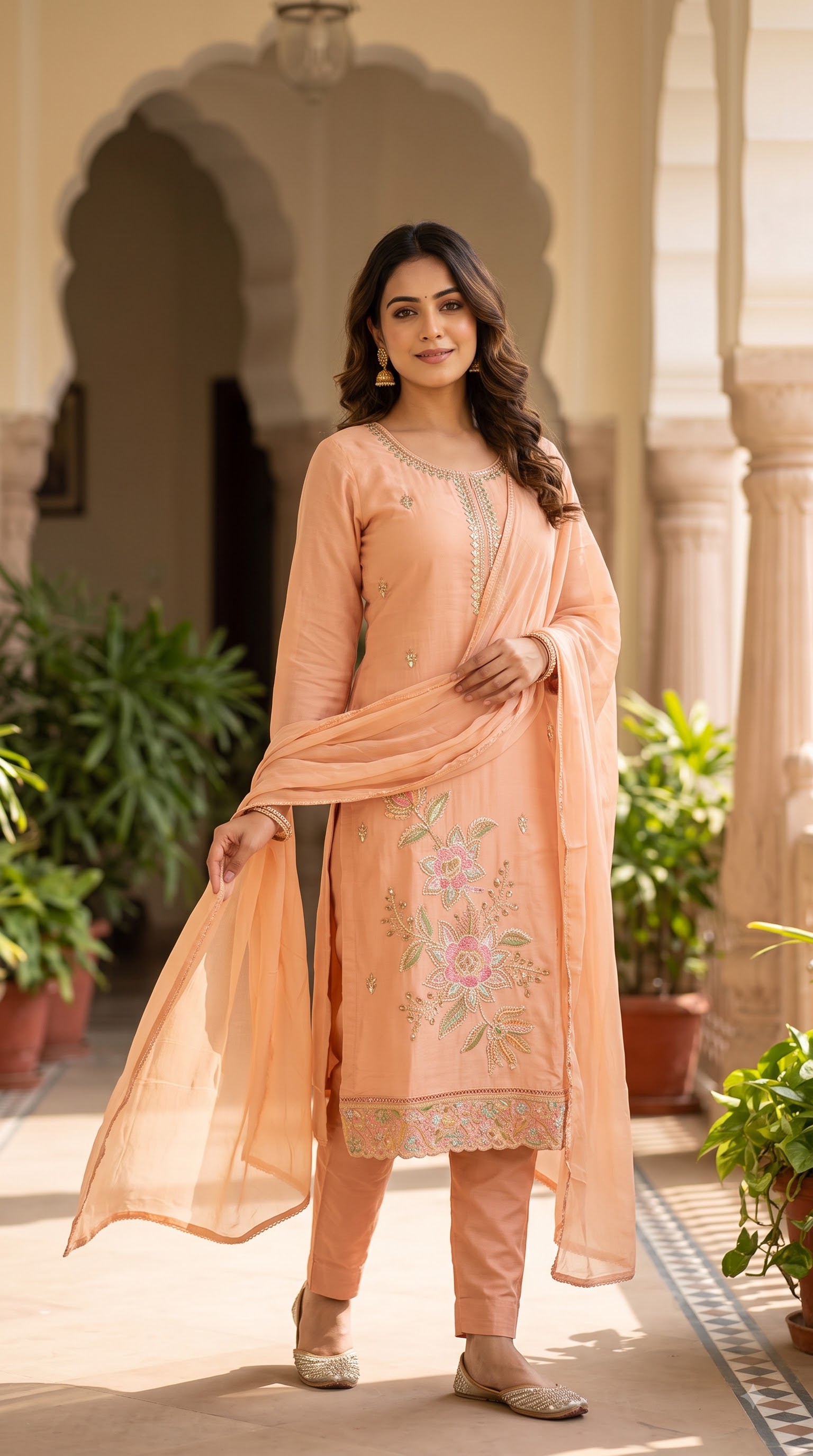 Women’s Peach Embroidered Kurta Set with Matching Pants and Dupatta