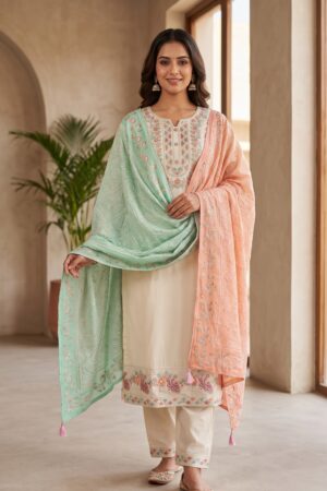 Women’s Cream Embroidered Kurta Set with Dual-Tone Pink and Mint Green Dupatta