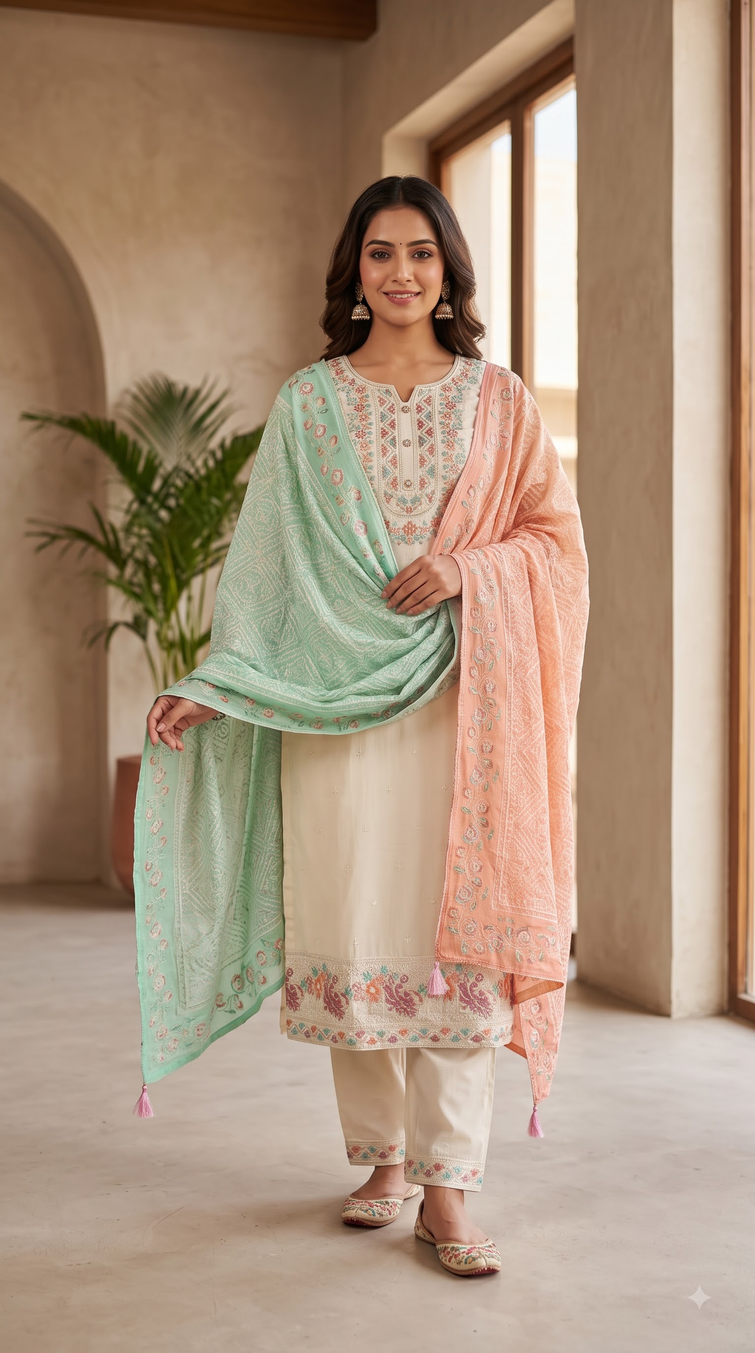 Women’s Cream Embroidered Kurta Set with Dual-Tone Pink and Mint Green Dupatta