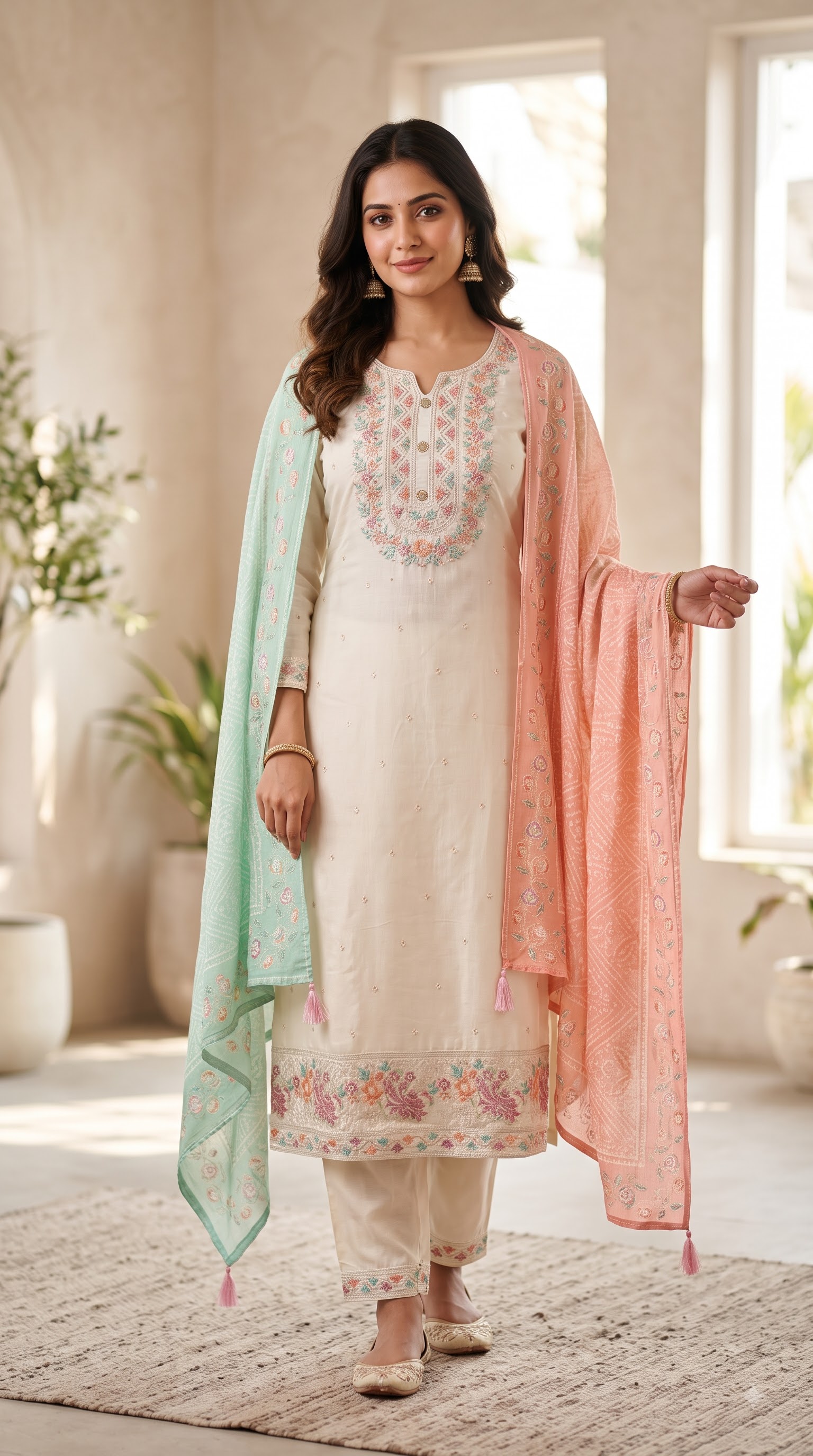 Women’s Cream Embroidered Kurta Set with Dual-Tone Pink and Mint Green Dupatta - Image 2