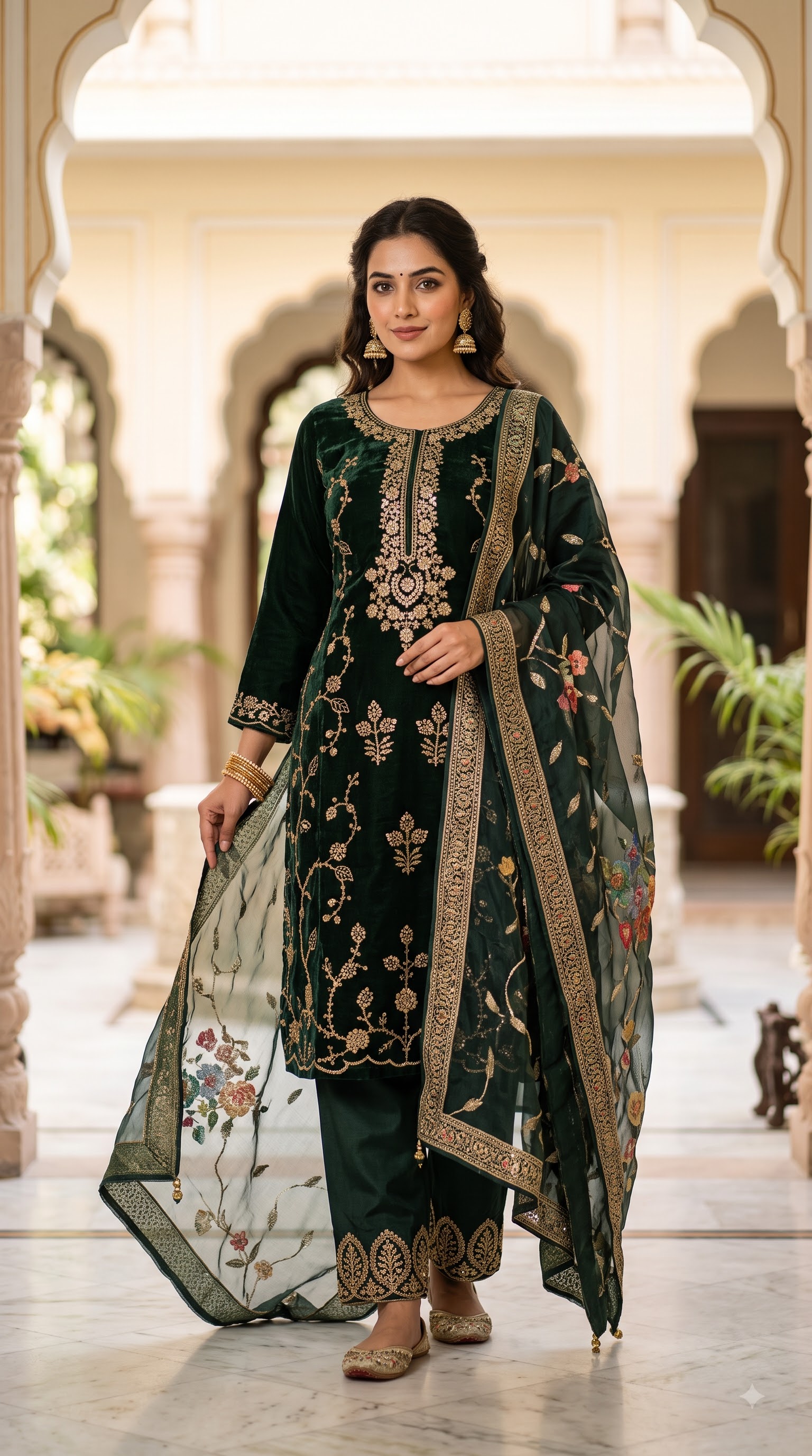 Women’s Teal Blue Embroidered Kurta Pant Set with Floral Dupatta - Image 3