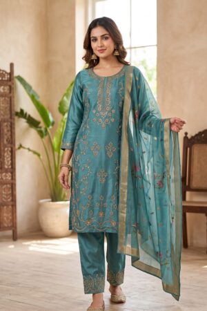 Women’s Teal Blue Embroidered Kurta Pant Set with Floral Dupatta