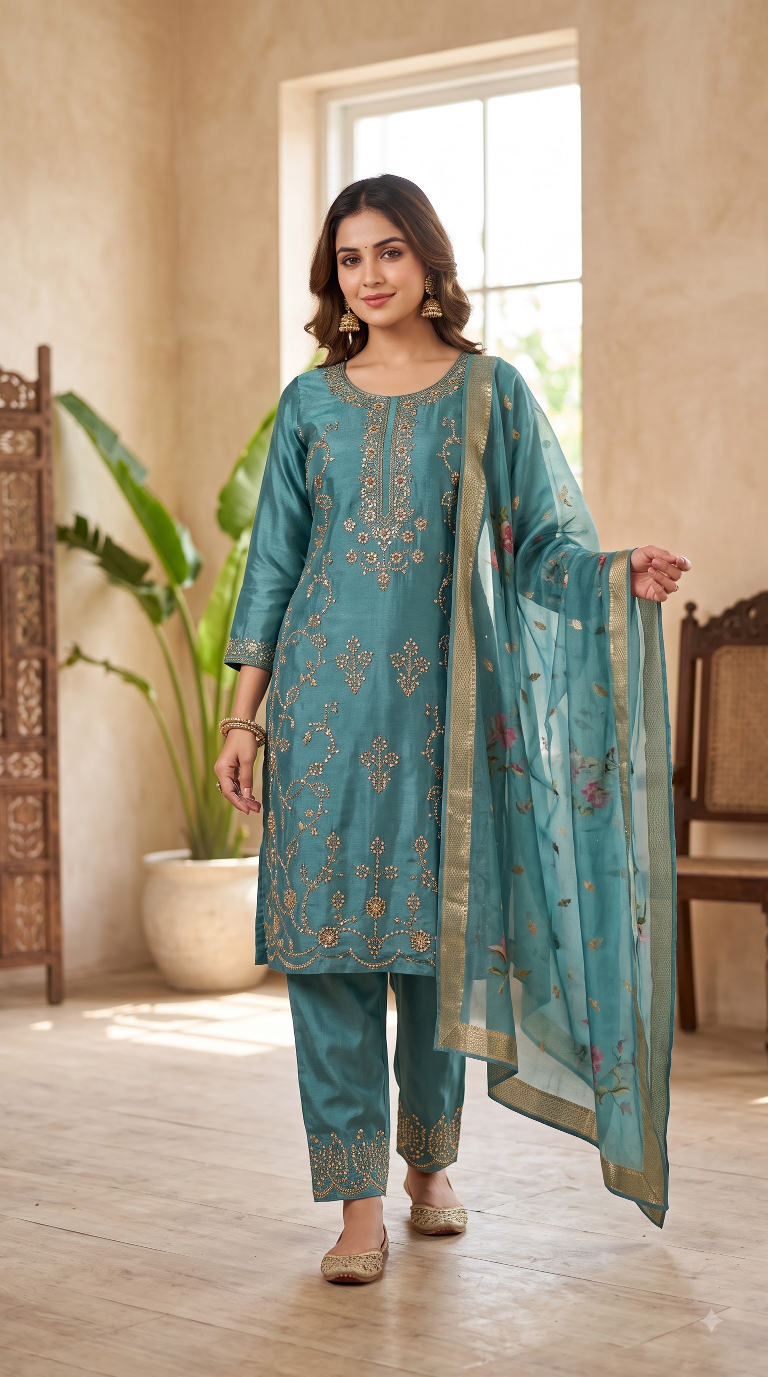 Women’s Teal Blue Embroidered Kurta Pant Set with Floral Dupatta