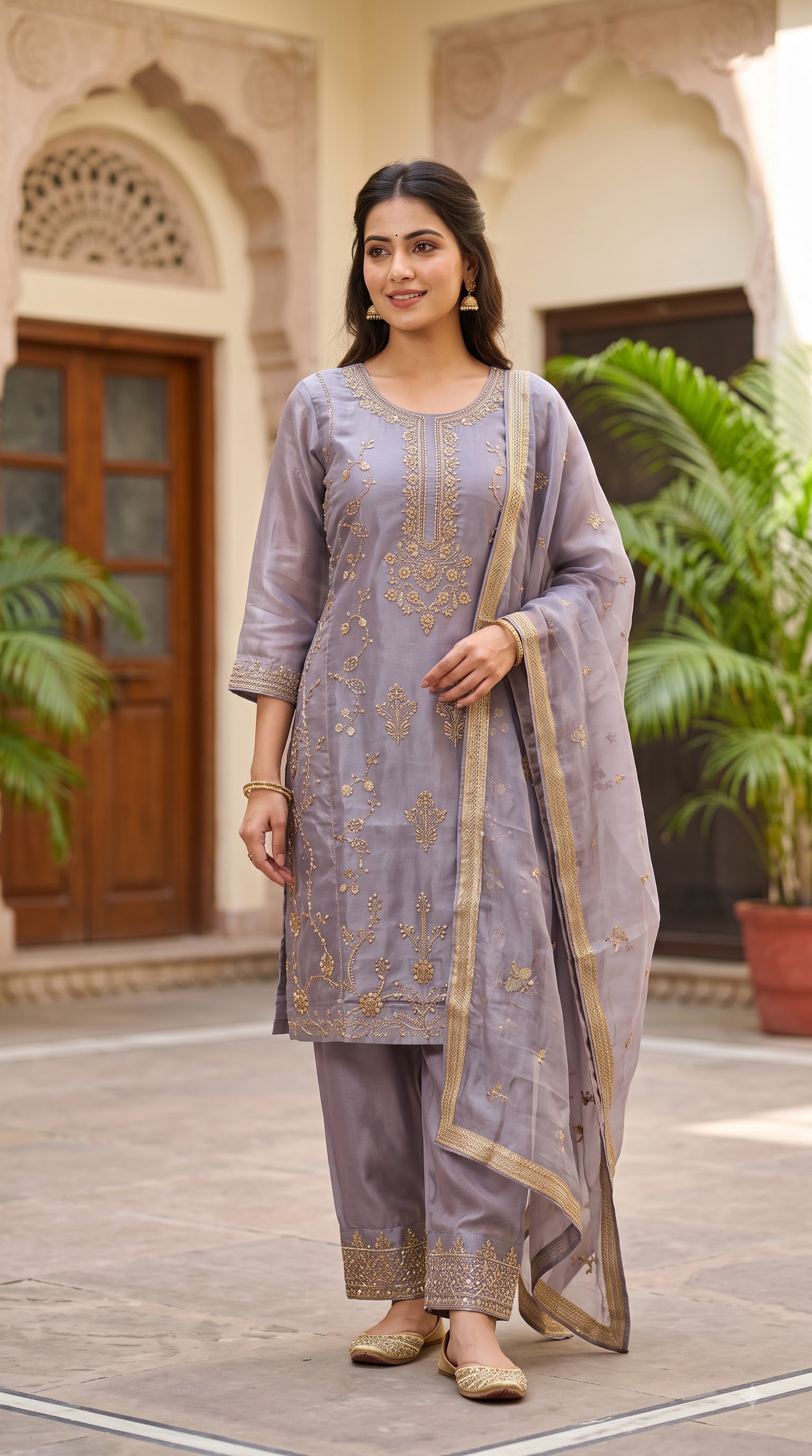 Women’s Teal Blue Embroidered Kurta Pant Set with Floral Dupatta - Image 4