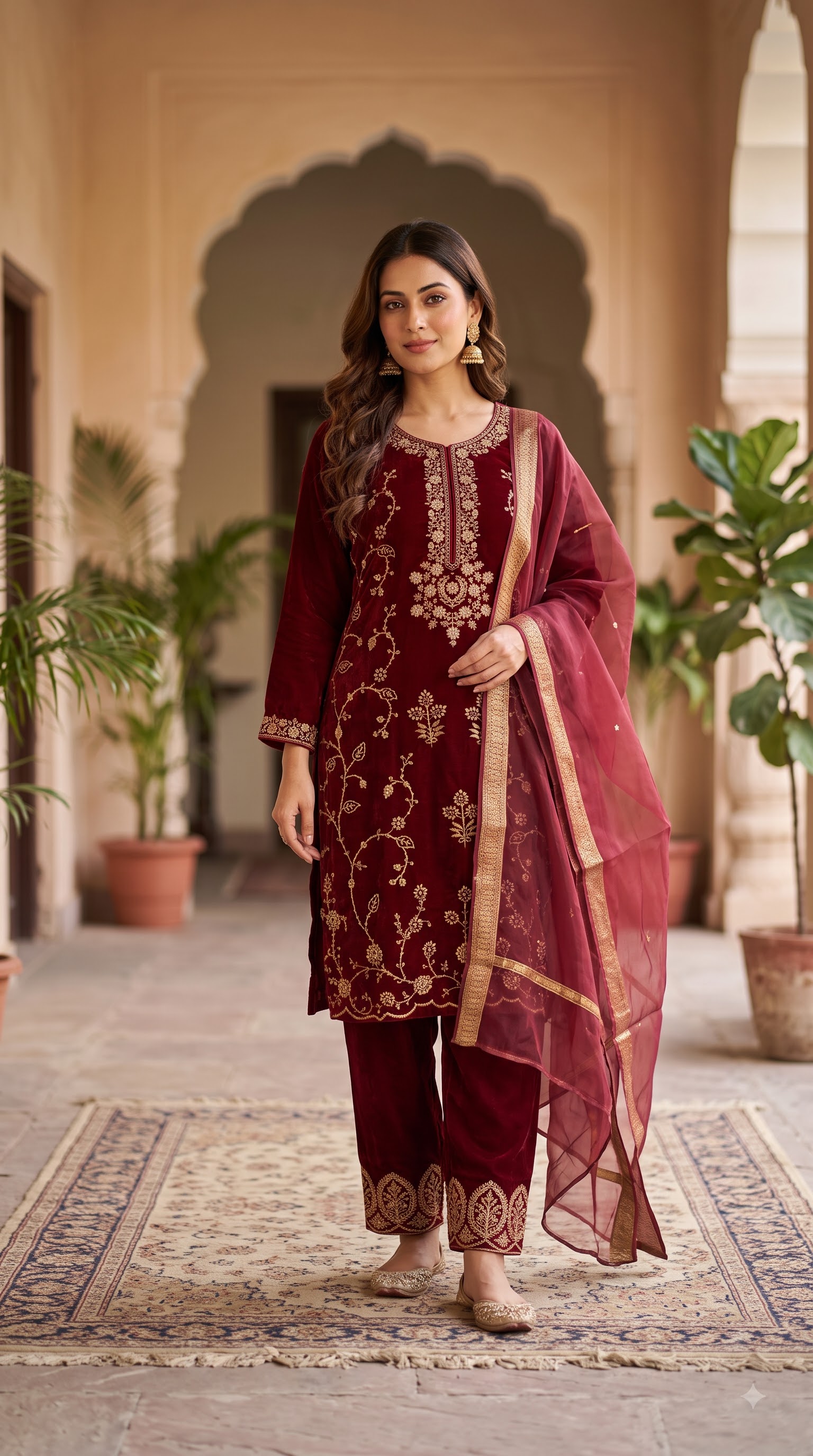 Women’s Teal Blue Embroidered Kurta Pant Set with Floral Dupatta - Image 5