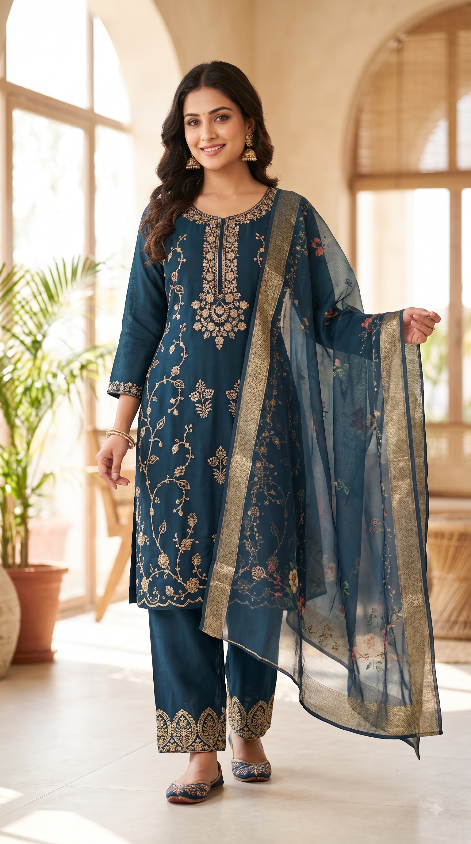 Women’s Teal Blue Embroidered Kurta Pant Set with Floral Dupatta - Image 6