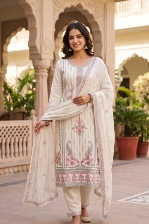 Women’s Pakistani Ivory Cream Embroidered Kurta Pant Set with Pink Floral Dupatta