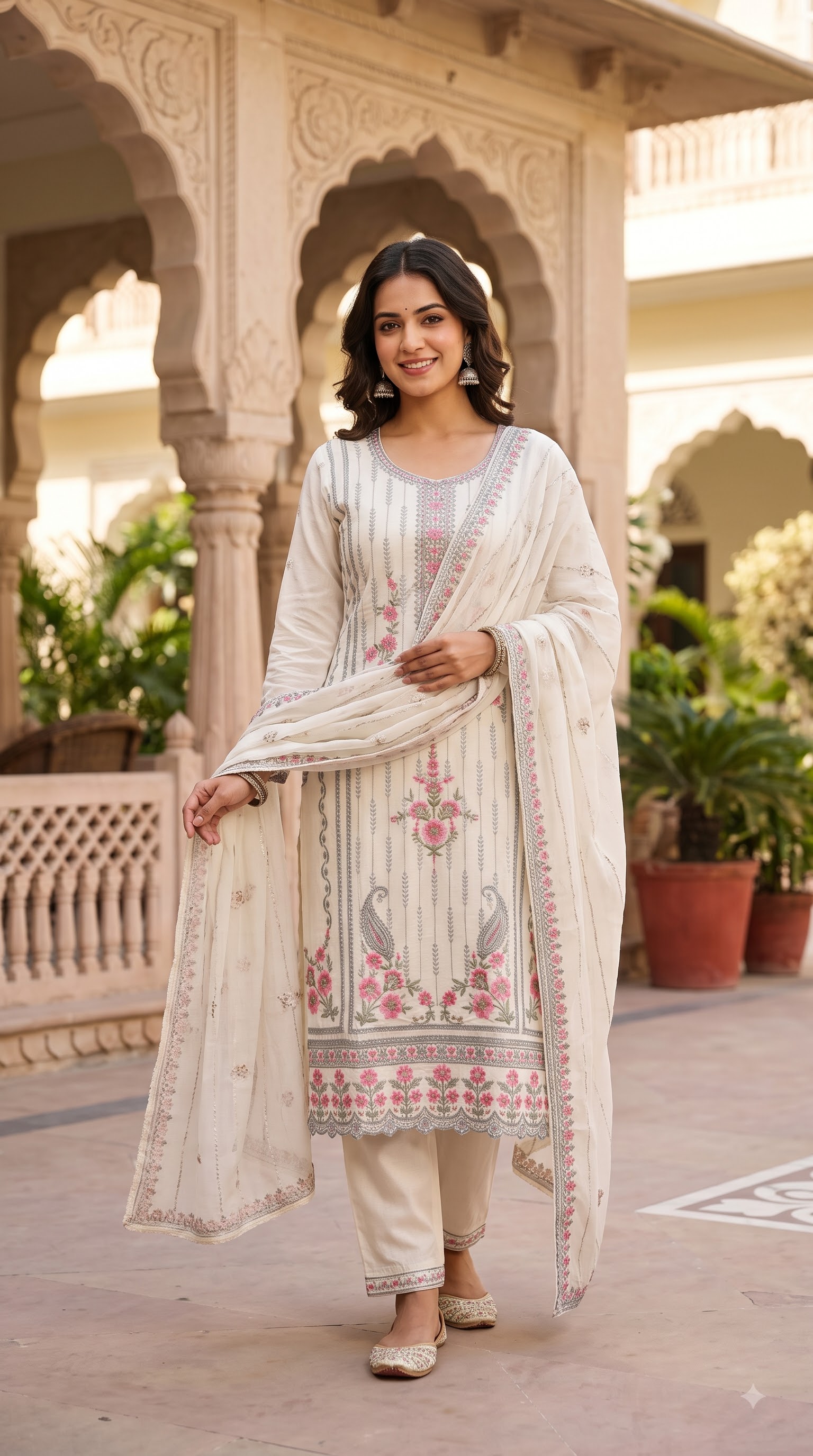 Women’s Pakistani Ivory Cream Embroidered Kurta Pant Set with Pink Floral Dupatta