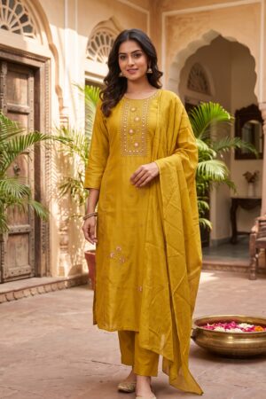Women’s Mustard Yellow Embroidered Kurta Pant Set with Matching Dupatta
