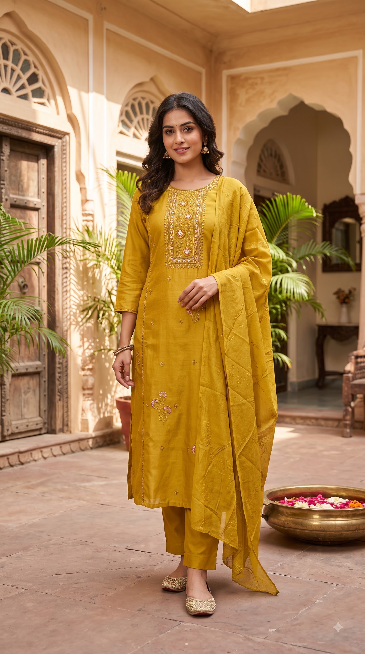 Women’s Mustard Yellow Embroidered Kurta Pant Set with Matching Dupatta