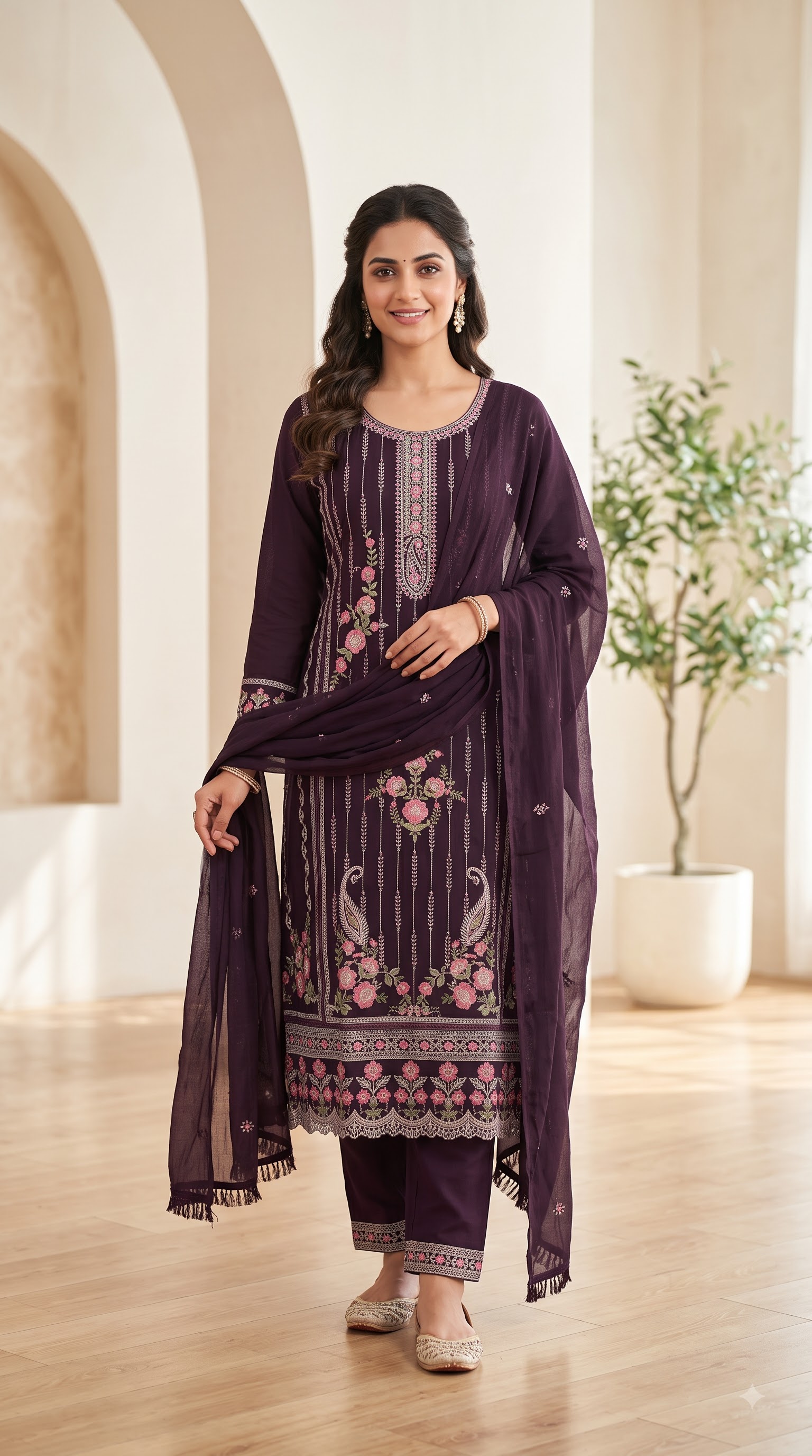 Women’s Pakistani Ivory Cream Embroidered Kurta Pant Set with Pink Floral Dupatta - Image 5