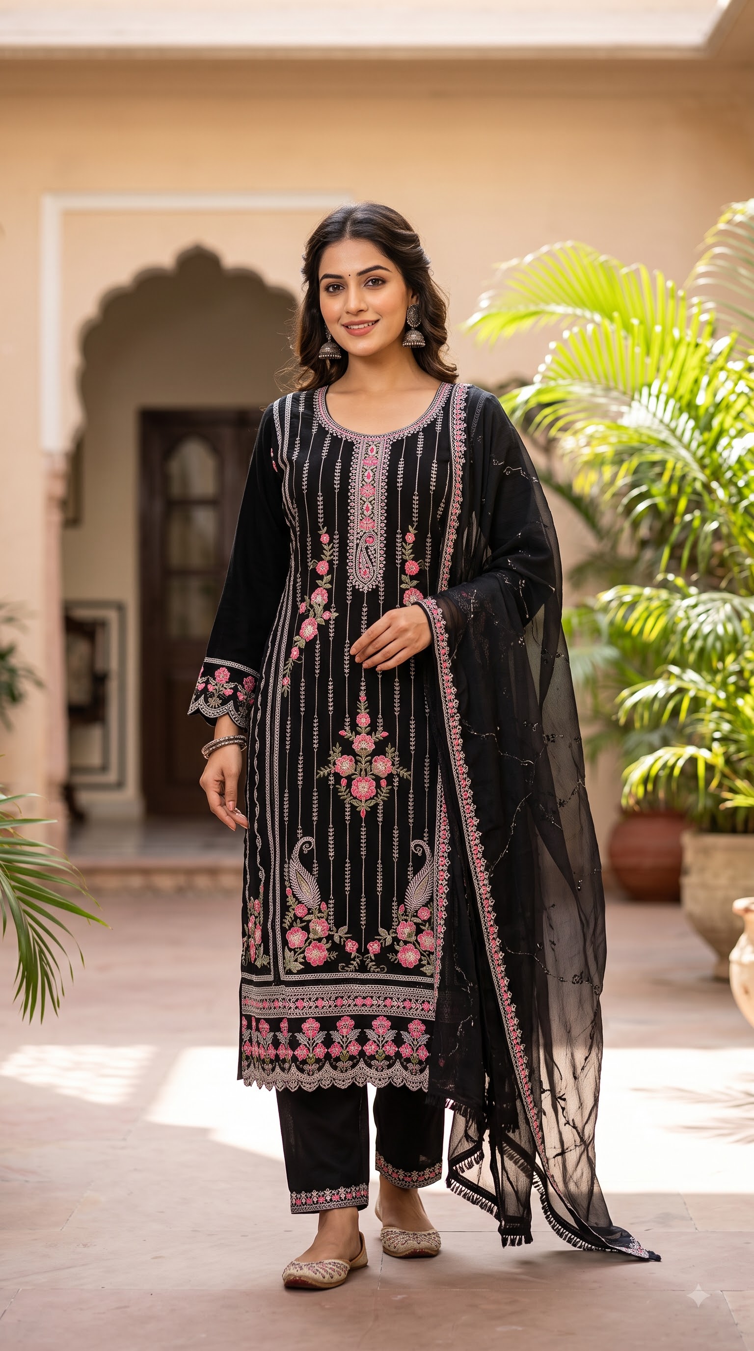 Women’s Pakistani Ivory Cream Embroidered Kurta Pant Set with Pink Floral Dupatta - Image 4