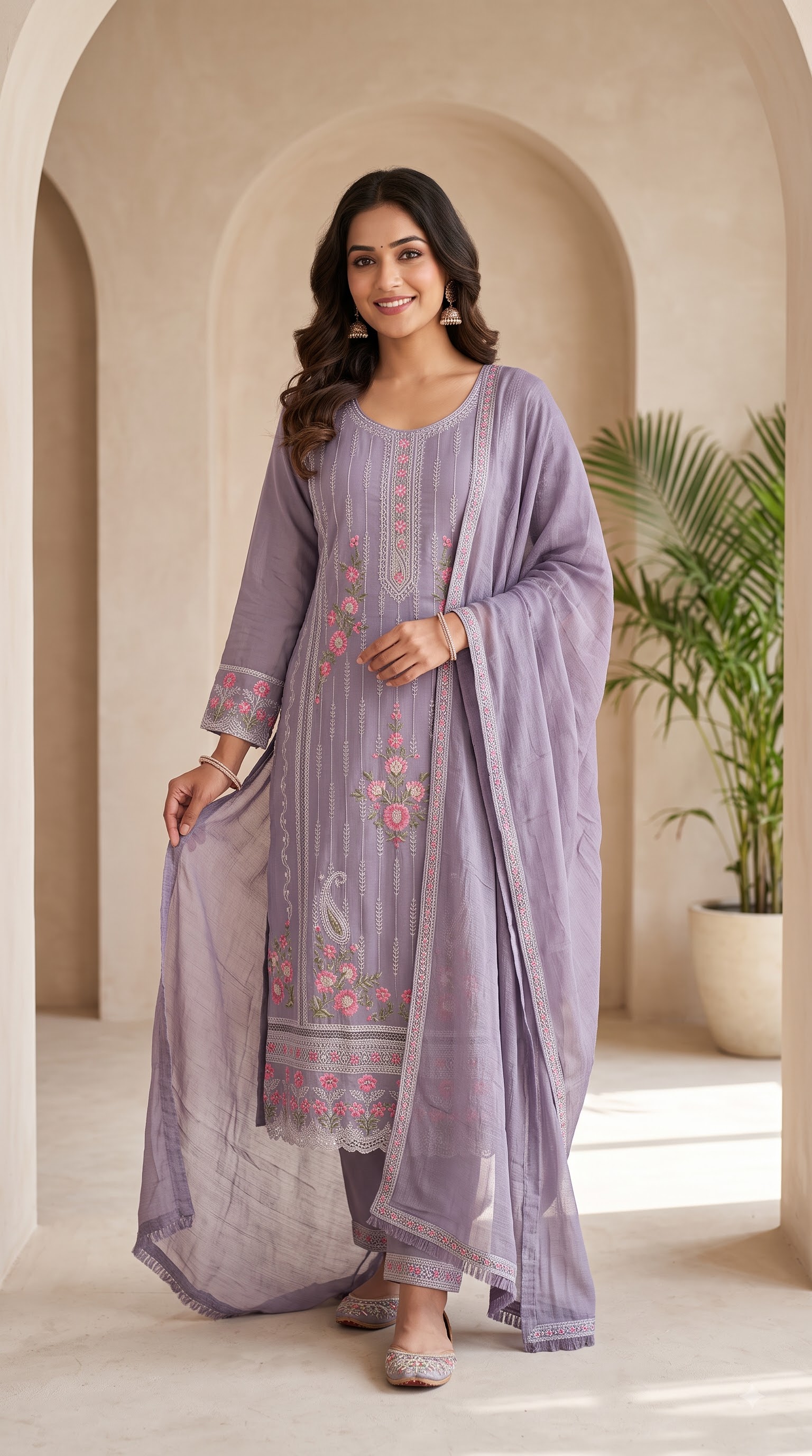 Women’s Pakistani Ivory Cream Embroidered Kurta Pant Set with Pink Floral Dupatta - Image 6